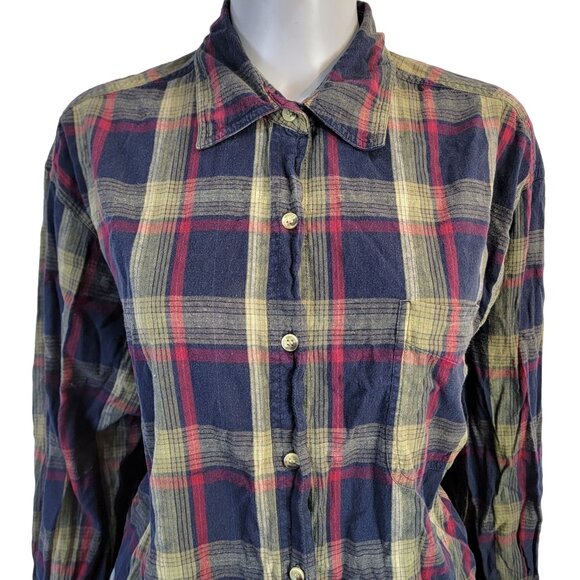 Vintage 90s Plaid Long Button Shirt Women XL Collar Top Work Casual 14 16 Spring - Picture 1 of 16